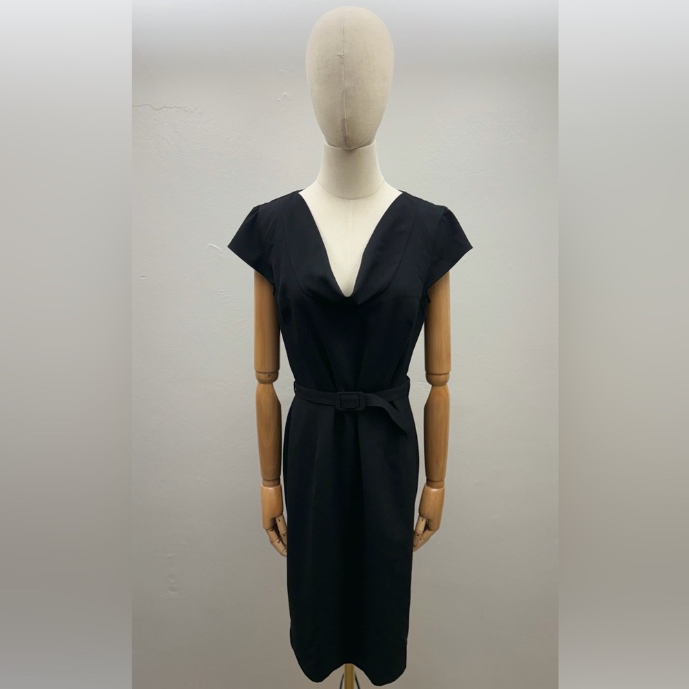 Calvin Klein Black Sheath Dress Belted V-Neck Cap Sleeve Career Office Midi